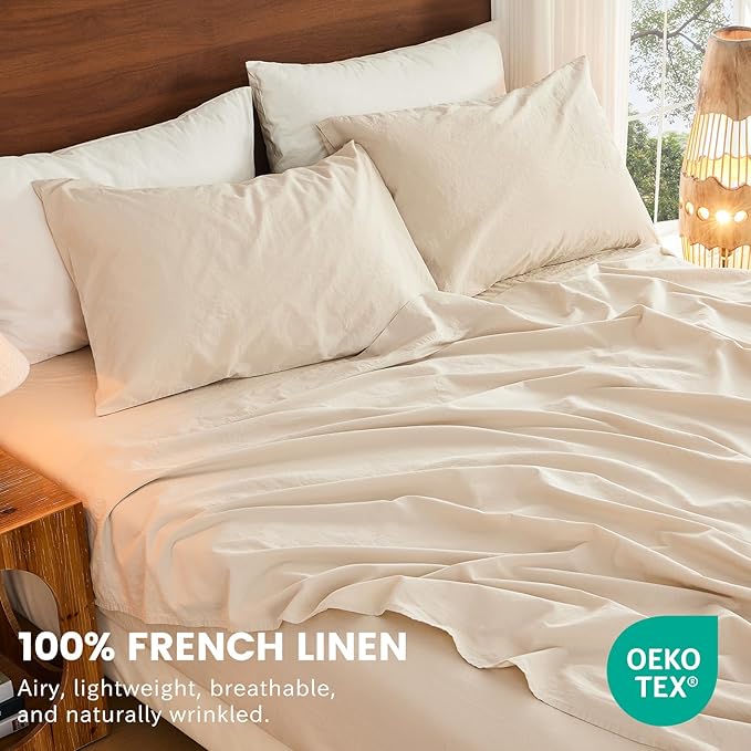 Bedlifes 100% French Flax Linen Sheets Set Queen Size - 6 Piece Extra Deep Pocket 18-24",Soft Breathable Queen Bed Sheets with Temperature Regulating & Moisture-Wicking(Linen