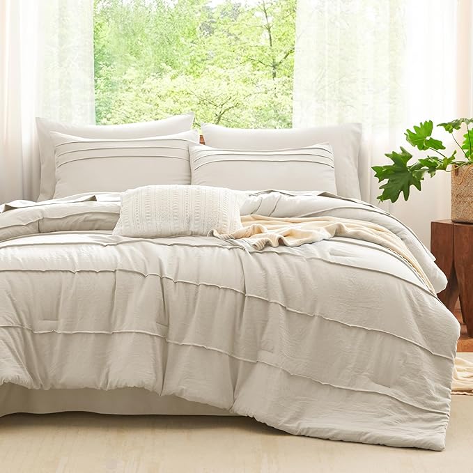 CozyLux King Size Comforter Set Beige, 7 Pieces Soft Pinch Pleat Bed in a Bag King Comforter Set with Sheets, Boho Bed Set with Down Alternative Comforter, Sheets, Pillowcases & Shams
