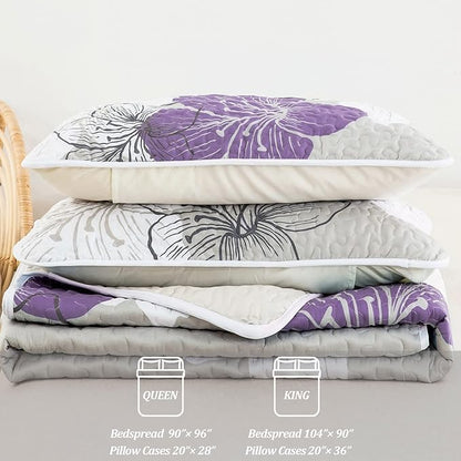 DJY 3 Pieces Quilt Set Queen Purple Floral Pattern Quilt Coverlet Set Elegant Boho Lily Bedspread with 2 Pillow Shams Breathable Microfiber Bedding Quilt Set All Season (Purple, 90"x96")