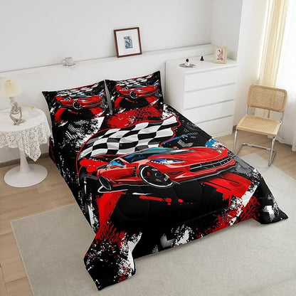 Feelyou Car Bedding Set for Boys Cool Racing Sports Comforter Cover Kids Children Extreme Theme Modern Red Automobile Duvet Room Decor 1 with 2 Pillow Case Full Size SX8528BZZSJ