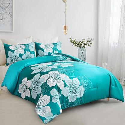 Menghomeus California King Comforter Set Gradient Teal Bedding Floral Comforter Sets Soft Microfiber Bed Comforter Set for All Season,3 Piece Botanical Flowers Comforter,Pillowcases