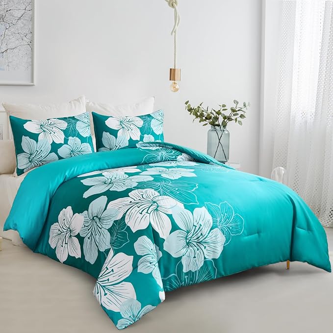 Menghomeus King Comforter Set Gradient Teal Bedding Floral Comforter Sets - Soft Microfiber Bed Comforter Set for All Season, 3 Piece Botanical Flowers Comforter, Pillowcases