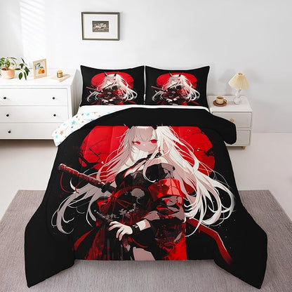 Erosebridal Queen Japanese Anime Bedding Set for Kids, Anime Girl Comforter Set Kawaii Japanese Style Duvet Insert Cartoon Japan Animation Quilt for Boys Teens Adult Women Bedroom, Red Black