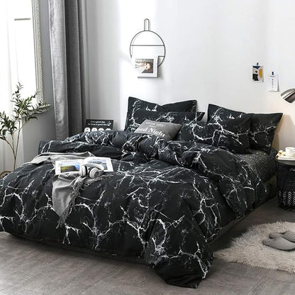 CLOTHKNOW Black White King Size Comforter Set 3Pcs Marble Bedding Comforter Sets All Season Black Comforter Abstract Comforter with 2 x Pillow Cases