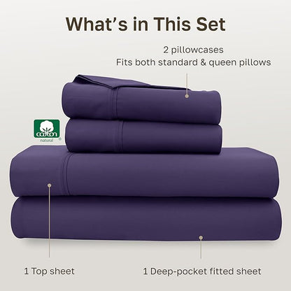 California Design Den Natural 100% Cotton Sheets, Soft Queen Sheet Set, 400 Thread Count Sateen, Deep Pockets with All-Around Elastic for a Snug Fit, Durable Bedding Set - Dark Purple