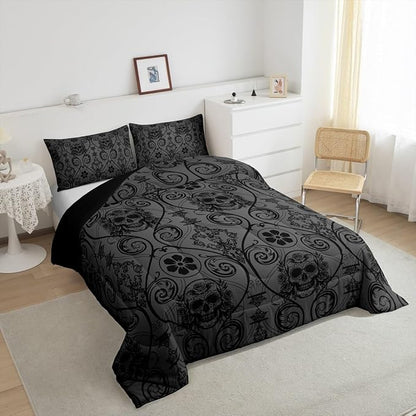 Feelyou Adults Black Vintage Damask Floral Comforter Set Oriental Antique Comforter Twin Size Exotic Sugar Skull Rose Bedding Set Gothic Bohemia Boho Duvet Set Quilt Set 2Pcs