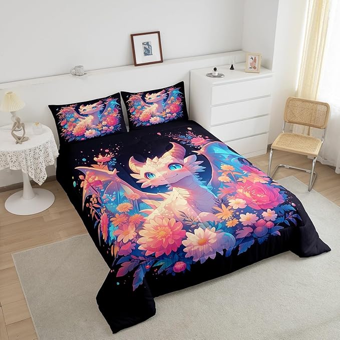 Castle Fairy Dragon Twin Size Comforter Set,Watercolor Flower Duvet Set Soft Bed Collection,Cute Wildlife Western Animals Bedding Comforter for Boys Girls Bedroom,2 Pcs