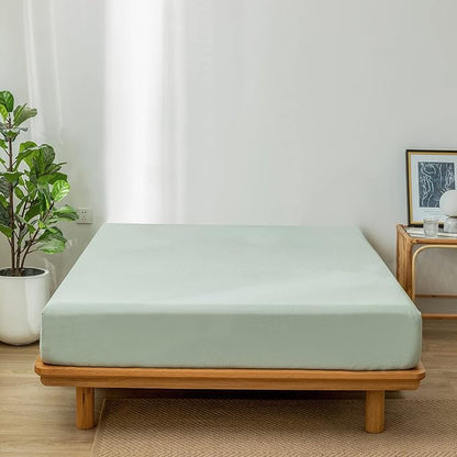 MooMee Fitted Bottom Sheet Only 100% Washed Cotton Linen Like Textured Breathable Durable Soft Comfy Deep Pocket Fits Mattress up to 17" (Sage Green, King)