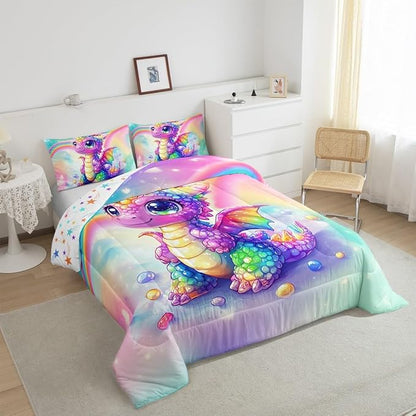 Feelyou Dragon Comforter Set Toddler Size Dragon Stuff Comforter for Boys Girls Teens Cute Bedding Set Dragon Decor Duvet Set Room Decor Multicolored Quilt Set