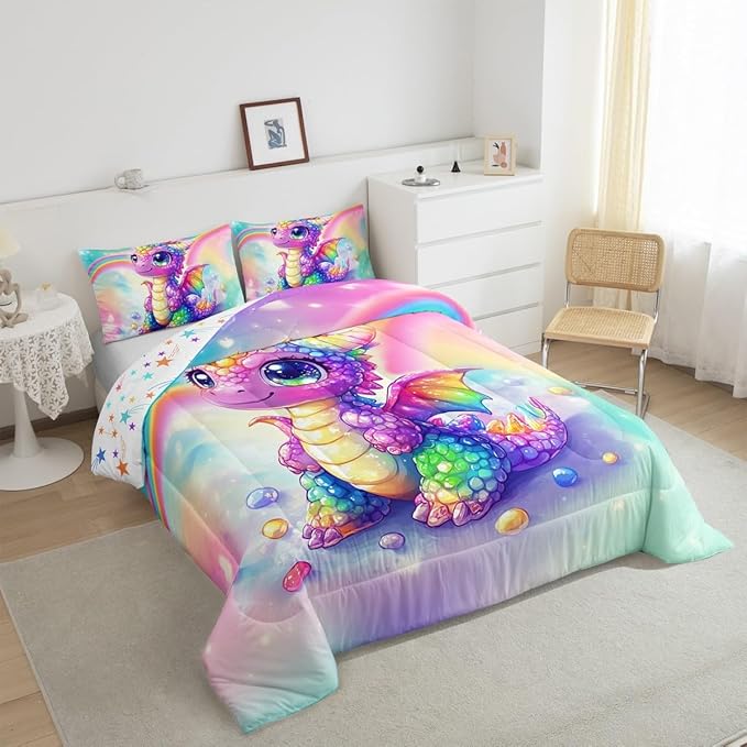 Feelyou Dragon Comforter Set Queen Size Dragon Stuff Comforter for Boys Girls Teens Cute Bedding Set Dragon Decor Duvet Set Room Decor Multicolored Quilt Set
