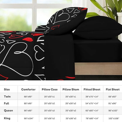 Nesker Comforter Set King Size, Heart Love Red Black 7 Pcs Bedding for Kids and Adults, My Happy Valentine Bed Sheet Sets with Fitted Sheet 2 Pillowcases & 2 Shams
