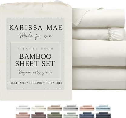 KARISSA MAE Cooling Bamboo Viscose Split King Sheet Set | 100% FSC Certified | 18” Deep Pocket | Silky, Soft, & Hypoallergenic | with Organizer Band & Elastic Corner Straps [Ivory]