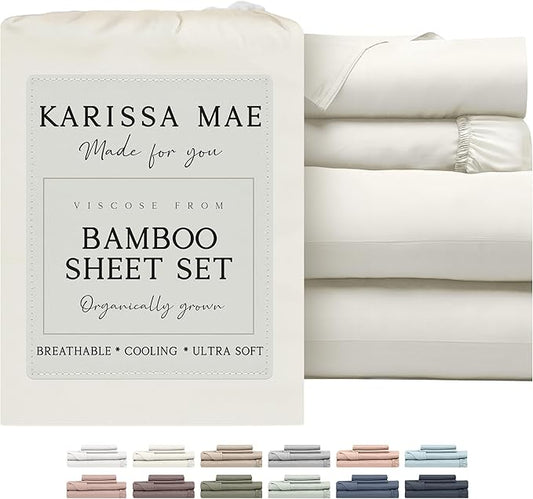 KARISSA MAE Cooling Bamboo Viscose Cal King Sheet Set | 100% FSC Certified | 18” Deep Pocket | Silky, Soft, & Hypoallergenic | with Organizer Band & Elastic Corner Straps [Ivory]