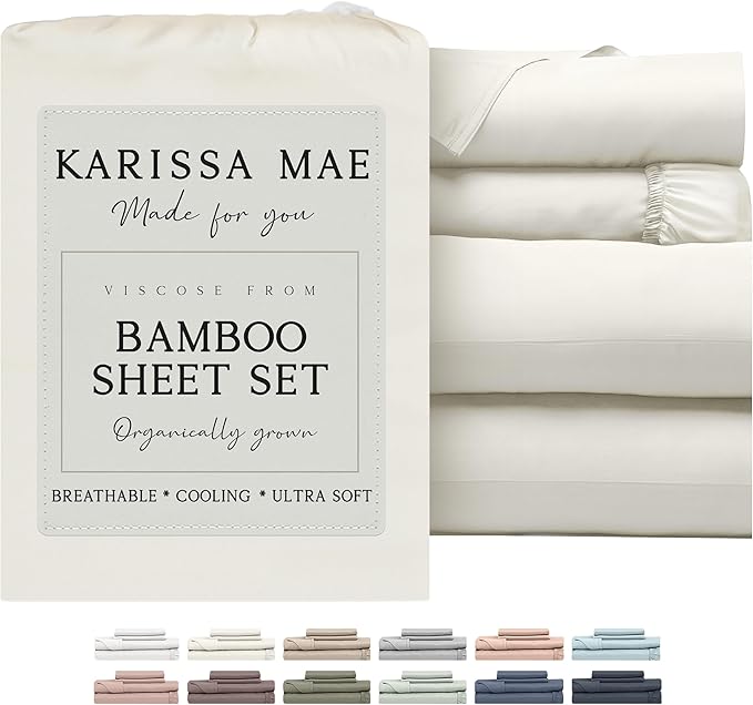 KARISSA MAE Cooling Bamboo Viscose King Size Sheet Set | 100% FSC Certified | 18” Deep Pocket | Silky, Soft, & Hypoallergenic | with Organizer Band & Elastic Corner Straps [Ivory]