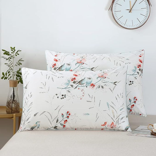 WINLIFE 100% Cotton Pillowcases Garden Floral Birds Printed on White Pillow Cases Pillow Cover Set of 2 (Standard 20x26 inches, Birds Floral)