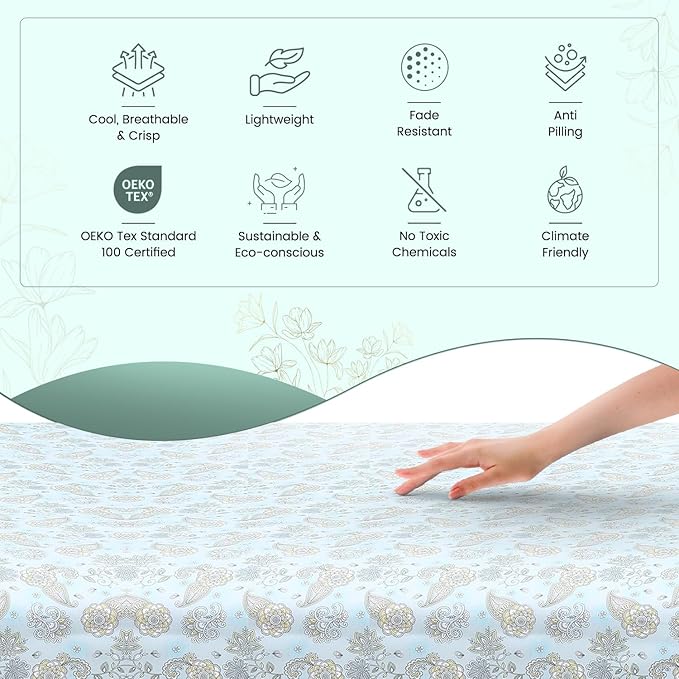 Feather & Stitch Softest 100% Cotton Sheets, 300 Thread Count Percale Weave Bedding, 16" Deep Pocket, Cooling Sheets, Breathable Bed Set, Hotel Premium Quality (King, Aqua Paisley)