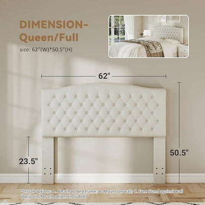 Queen Headboard Only, Linen Classic Tufted Design, Ivory | 2 installation options: 1.bed frame mount 2.wall mount (for adjustable bed), Classic hand-tufted headboard king size