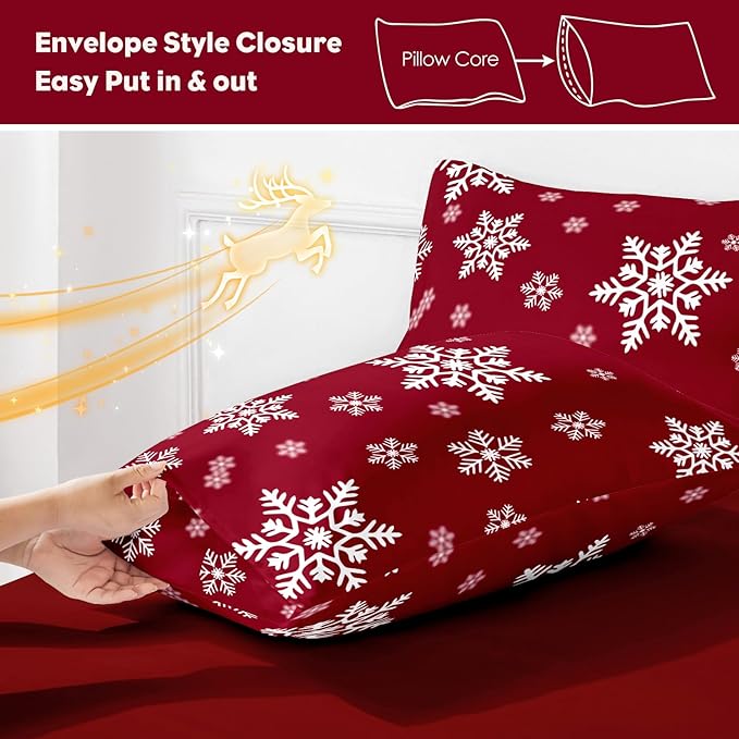 YIYEA Christmas King Size Pillow Cases Set of 4, Ultra Soft Double Brushed Microfiber Red Pillowcases and Christmas Snowflake Pillow Covers, Envelope Closure, Fade Resistant (20"x36")