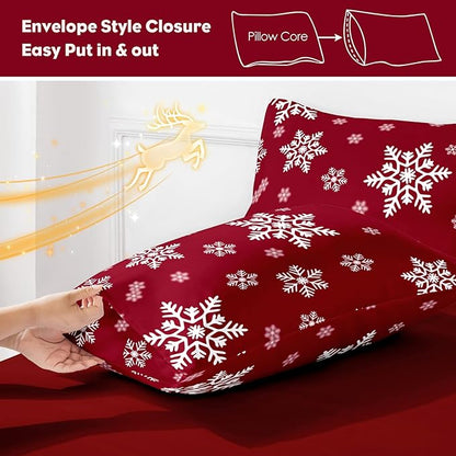 YIYEA Christmas King Size Pillow Cases Set of 4, Ultra Soft Double Brushed Microfiber Red Pillowcases and Christmas Snowflake Pillow Covers, Envelope Closure, Fade Resistant (20"x36")