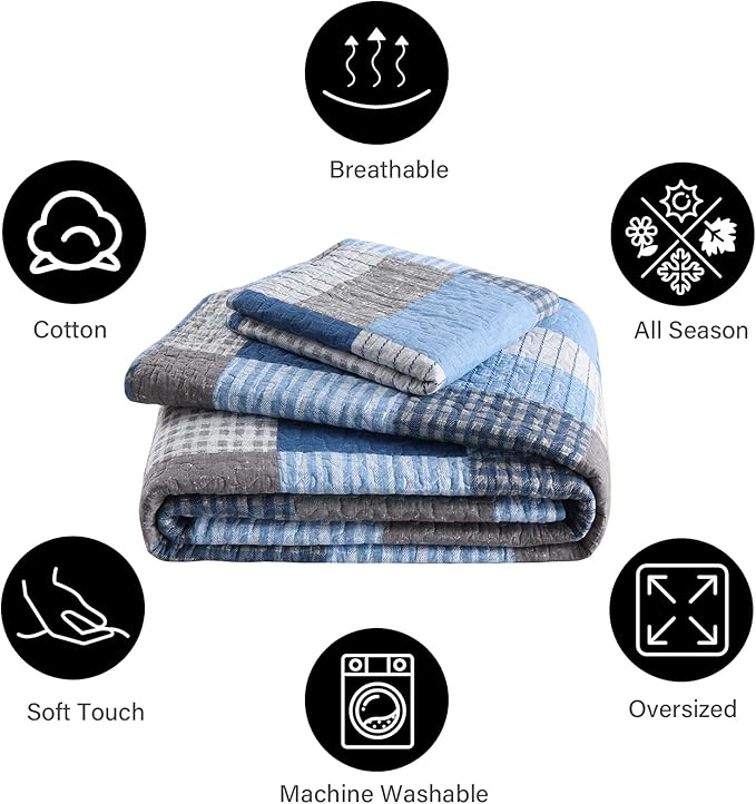 PANGUSHAN Quilts Set Queen Size,100% Cotton Patchwork Plaid Quilt Bedding Set,Blue/Navy Blue Reversible Bedspreads,Farmhouse Lightweight Comforter Set Bed Spread for All Season,3 Pieces