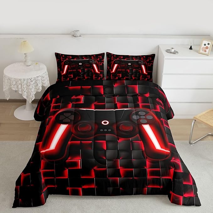 Erosebridal Gamer Full Bedding Sets for Boys Geometric Gaming Kids Comforter Red and Black Checkered Gamepad Comforter Set for Teen Men,Video Game Bed Set Neon Lights Game Controller for Boys Room