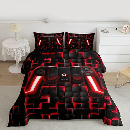 Erosebridal Gamer Full Bedding Sets for Boys Geometric Gaming Kids Comforter Red and Black Checkered Gamepad Comforter Set for Teen Men,Video Game Bed Set Neon Lights Game Controller for Boys Room