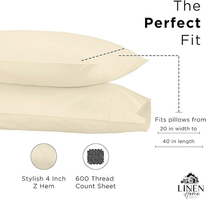 Linen Home 600 Thread Count King Pillowcase Set | 100% Long-Staple Cotton Pillow Cases | Soft & Smooth Luxury Satin Set of 2 Pillowcases | 4 Inch Z Hem | Ivory