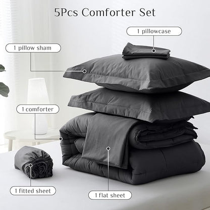 JOLLYVOGUE Twin Comforter Set, Ultra-Soft Bed in a Bag Twin Size 5 Pieces, Oeko-TEX Certified Bedding Set with Down Alternative Comforter, Sheets, Pillowcases & Shams, Dark & Light Grey
