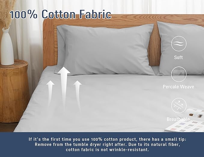 Pillow Cases, King Size Cotton Percale Weave Pillowcases, Pre-Shrunk Breathable and Hypoallergenic Pillowcases, Set of 2 (2 Piece King 20 Inch x 40 Inch, Light Gray)