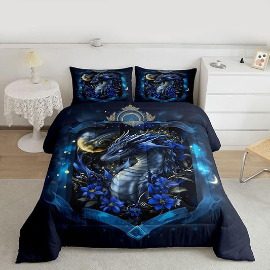 Feelyou Dragon Bedding Set Soft for Boys Girls, Wild Life Comforter Set King Size Jungle Dragon Duvet Quilt Microfiber Wild Animal Bedroom Decor Dull Blue 3 Pcs with 2 Pillow Cases