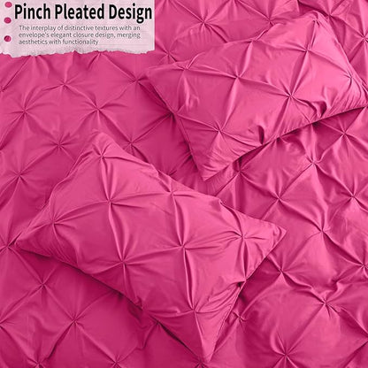 VACVELT 5 Piece Pinch Pleated Duvet Cover King Size Set, No Comforter, Hot Pink Pintuck Duvet Cover with Zipper & 8 Ties, Shabby Chic & Microfiber, 2 Pillow Shams, 2 Pillowcases