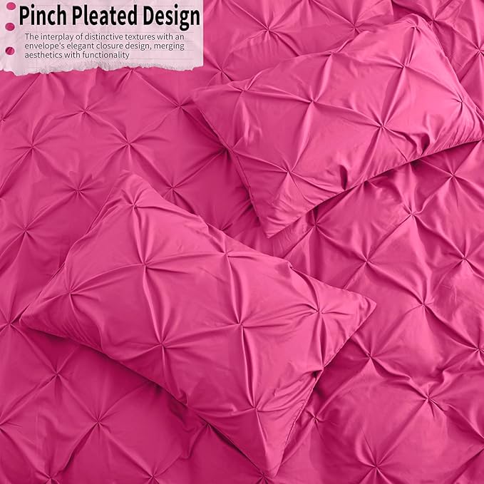 VACVELT 5 Piece Pinch Pleated Duvet Cover Full/Queen Size Set, Hot Pink Pintuck Duvet Cover with Zipper & 8 Ties, Shabby Chic Microfiber Duvet Cover + 2 Pillow Shams + 2 Pillowcases, No Comforter