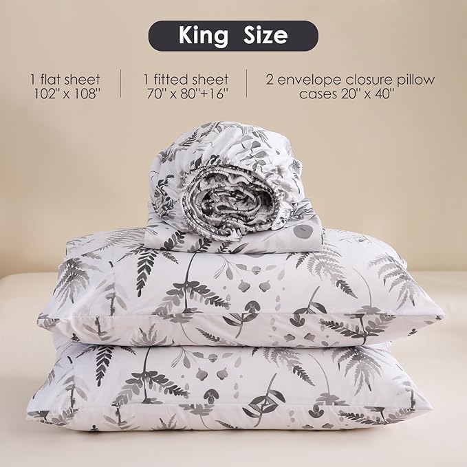 JSD Boho Floral Sheet Set King Size, 4 Piece Grey Herbs Ferns Printed Microfiber Bed Sheets Deep Pocket
