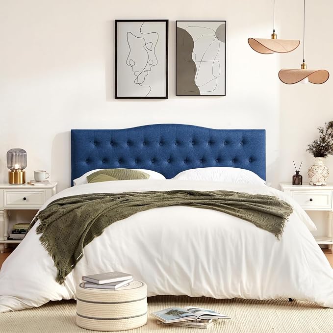 Tufted Headboard Queen Size, Solid Wood Adjustable Height Head Board, Blue | Upholstered Queen Headboard Only with Durable Solid Wood Legs, Adjustable Height 37-51 in, Fabric Button Diamond HeadBoards