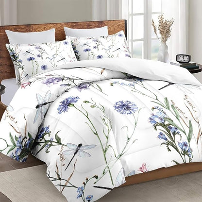 King Size Comforter Set with 2 Pillowcases, Summer Flower Painting Dragonfly Floral Soft 3 Pcs Bedding for Kids and Adults Bedroom Bed Decor
