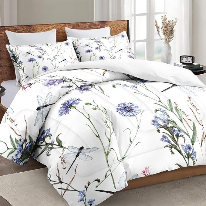 Full Size Comforter Set with 2 Pillowcases, Summer Flower Painting Dragonfly Floral Soft 3 Pcs Bedding for Kids and Adults Bedroom Bed Decor