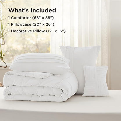 Bedsure White Twin Comforter Set - 3 Pieces Pinch Pleat Bed Set, Down Alternative Bedding Sets for All Season, 1 Comforter, 1 Pillowcase, 1 Decorative Pillow