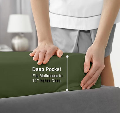 RUVANTI 100% Cotton Sheets – California King Percale Bedding, Cooling & Breathable, Durable with a Crisp, Soft & Comfortable Feel, 14" Deep Pocket, 4-Piece Set, Chive
