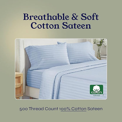 California Design Den Bed Sheets Twin Size, Soft 100% Cotton Sheets Deep Pockets Elastic, 500 Thread Count Sateen, Damask Stripe Bedding Sheets Twin Sheets (Light Blue - Striped)