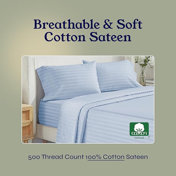 California Design Den - Luxe Bed Sheets Twin XL Soft 100% Cotton Sheets Deep Pockets Elastic,500 Thread Count Sateen, Damask Stripe Sheet Set Twin XL Sheets (Light Blue - Striped)