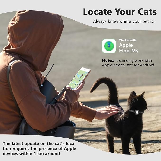 Cat Tracker Collar,No Monthly Fee Tracking Pet Collar with Finder Tag,Compatible with Apple Find My(iOS Only),Breakaway Tractive Design with Reflective Pattern & Bell