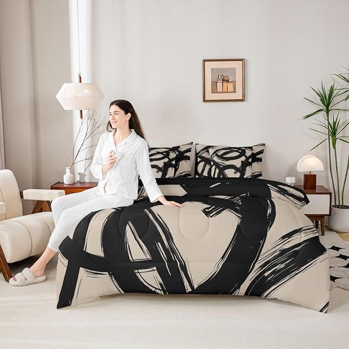 Erosebridal Black Beige Abstract 7 Piece Comforter Set Twin Bed in A Bag Modern Graffiti Minimalist Line Bedding Set Simple Cool Unique Geometric Sketch Sheet Set Ink Painting Aesthetic Quilt