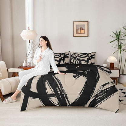 Erosebridal Black Beige Abstract 7 Piece Comforter Set King Bed in A Bag Modern Graffiti Minimalist Line Bedding Set Simple Cool Unique Geometric Sketch Sheet Set Ink Painting Aesthetic Quilt