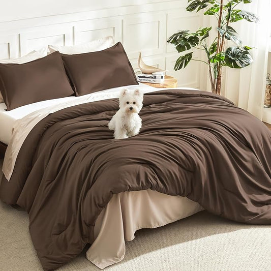 Litanika Brown Comforter Set Queen Size, 3 Pieces Lightweight Solid Bedding Comforter Set, All Season Fluffy Bed Set (90x90In Comforter & 2 Pillowcases)