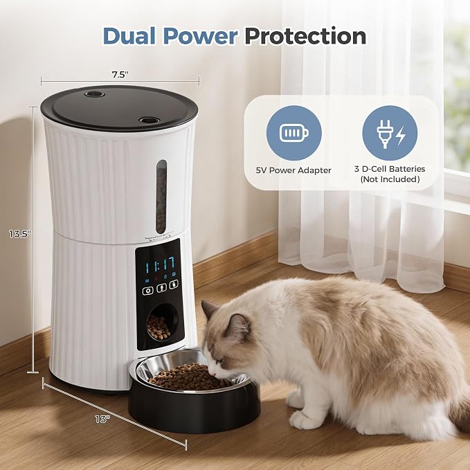DUMOS 4L Automatic Cat Feeder, Dog Food Dispenser with APP Control, White | 2.4G WiFi, 10s Voice Recorder, Dual Power, Desiccant Bag, Stainless Steel Bowl, Programmable Feeder for Small Cats and Dogs
