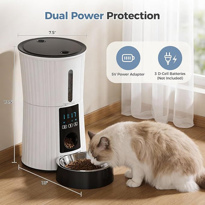 DUMOS 4L Automatic Cat Feeder, Dog Food Dispenser with APP Control, White | 2.4G WiFi, 10s Voice Recorder, Dual Power, Desiccant Bag, Stainless Steel Bowl, Programmable Feeder for Small Cats and Dogs