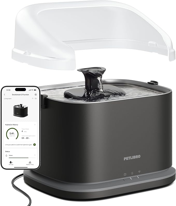 PETLIBRO Upgrade Cat Water Fountain + Splash Shield, Dockstream 2 Smart App Monitoring Pet Water Fountain for Cats Indoor, 3L/101oz Stainless Steel Tray for Drinking,Shield Prevent Water Spills