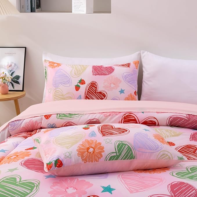 A Nice Night 6 Piece Comforter Set Bed in a Bag with Comforter & Sheet Set,Watercolor Pink Bow Hearts Flower Strawberries Printed Bedding Sets Kids Girls,Queen