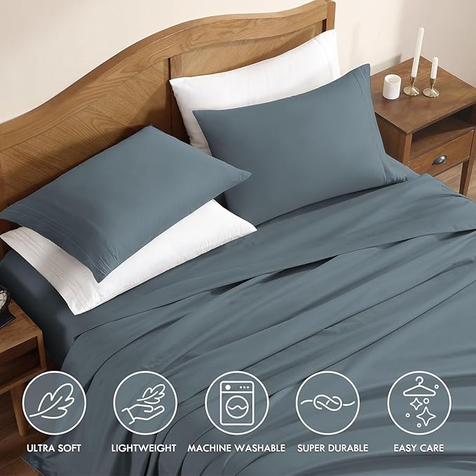 ClevaHome Sheet Set King Size, 4-Piece Bedding, Lightweight & Super Soft Easy Care Microfiber– Shrinkage & Fade Resistant Bedding Set with 14'' Deep Pockets (Slate Blue)