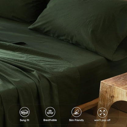 MooMee Fitted Bottom Sheet Only 100% Washed Cotton Linen Like Textured Breathable Durable Soft Comfy Deep Pocket Fits Mattress up to 17" (Forest Green, King)